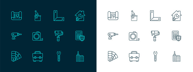 Set line House with wrench spanner, Toolbox, Paint roller brush, Wrench, Roulette construction, Corner ruler, plan and bucket icon. Vector