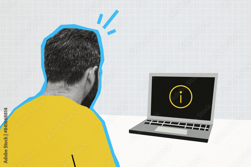 Poster composite photo collage of young man programmer sit back break macbook device error software problem
