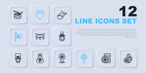 Set line Golden leprechaun coin, Glass of beer, Carnival garland with flags, Celtic cross, Ireland clover, Money bag, Mustache beard and Clover trefoil leaf icon. Vector