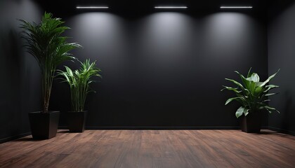 a dark room with plants and a black background wall mockup
