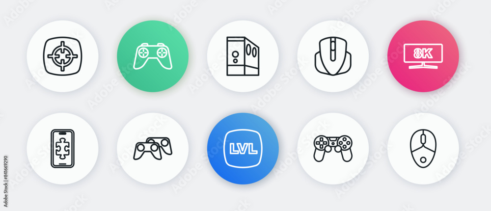 Poster set line level game, computer monitor, mobile gaming, game controller joystick, mouse, case of compu