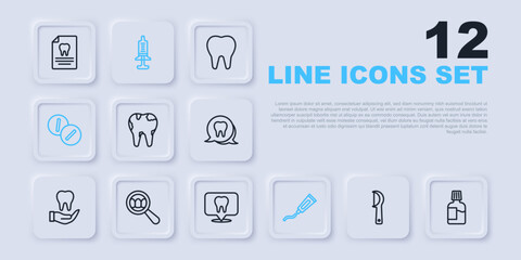 Set line Dental floss, Mouthwash, Broken tooth, Tube of toothpaste, Toothache painkiller tablet, search, Syringe and clinic location icon. Vector