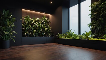 a dark room with plants and a black background wall mockup