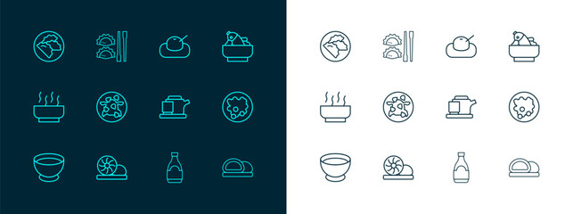 Set line Rice with fish in a bowl, Xiao long bao, Traditional tea ceremony, Soy sauce bottle, Kung Pao chicken, Mochi, Dumpling and chopsticks icon. Vector