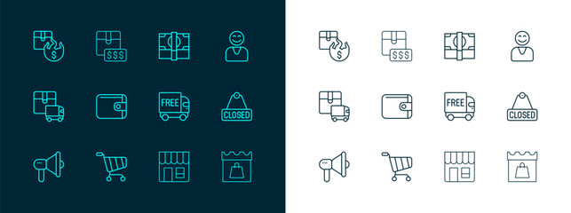 Set line Happy customer, Shopping cart, Free delivery service, Market store, Wallet, Stacks paper money cash, Hot price and Item tag with dollar icon. Vector