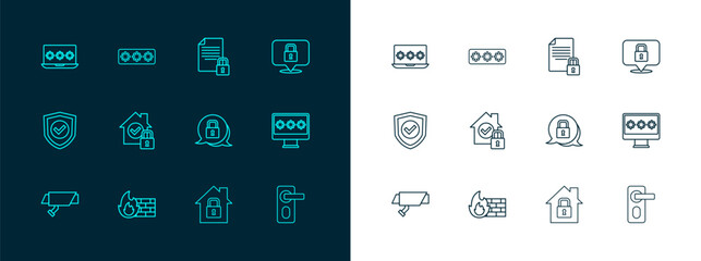 Set line Lock, Firewall, security wall, House under protection, Document and lock, Laptop with password and Password icon. Vector