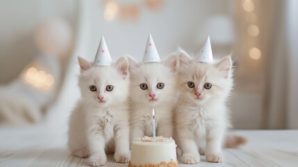 White kittens wearing party hats surround a birthday cake, creating a cute and joyful scene, ideal for a pet party celebration. The festive atmosphere is adorable and perfect for a joyful occasion