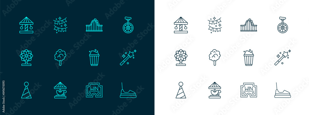 Poster Set line Unicycle, Attraction carousel, Popcorn in cardboard box, Casino win, Cotton candy, Roller coaster, and Carnival garland with flags icon. Vector