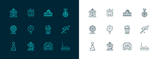 Set line Unicycle, Attraction carousel, Popcorn in cardboard box, Casino win, Cotton candy, Roller coaster, and Carnival garland with flags icon. Vector © Iryna