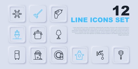 Set line Water tap, Toilet brush, Cooking pot, Kitchen apron, bowl, Bucket with foam and bubbles, Mop and Dishwashing bottle plate icon. Vector