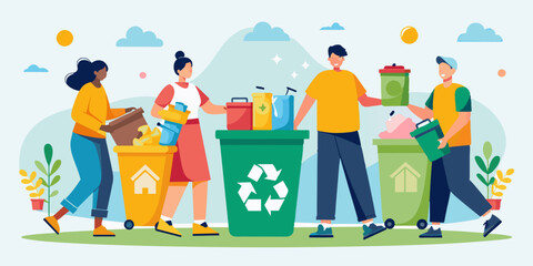 A diverse group of people sorting recyclable materials into different bins, promoting recycling and environmental awareness.