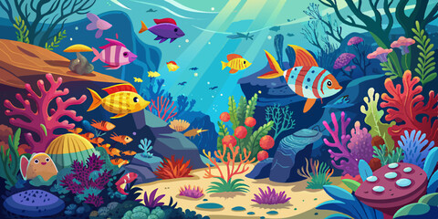 A vibrant underwater scene with colorful fish, coral reefs, and marine life, illuminated by sunlight filtering through the water.