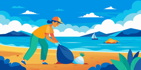 A volunteer cleaning up a beach, picking up trash into a bag with a beautiful coastal landscape and mountains in the background.