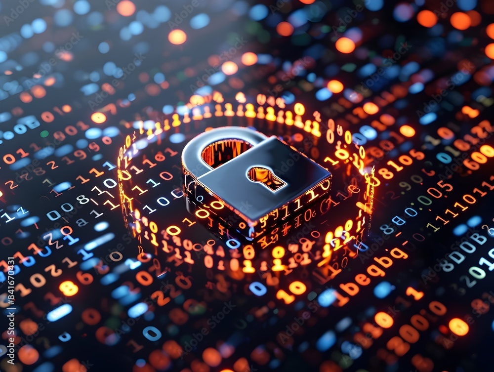 Poster cybersecurity and digital protection concepts represented by a glowing lock icon over a complex digi