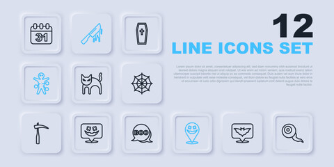 Set line Flying bat, Eye, Black cat, Happy Halloween holiday, Voodoo doll, Bloody knife and Boo speech bubble icon. Vector