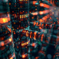 Fototapeta premium Glowing City Landscape with Futuristic Digital Patterns and Data Visualization Concept