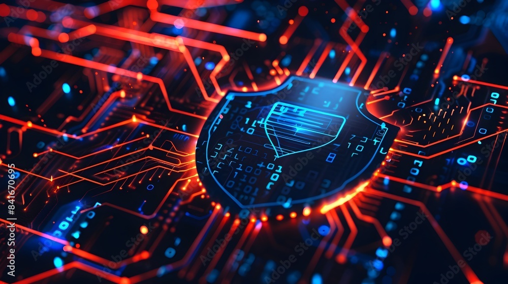 Poster glowing digital cyberspace circuit with neon patterns and futuristic abstract technological design