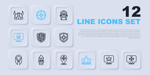 Set line King crown, Crusade, Shield, Medieval helmet, Castle tower, Round shield and icon. Vector