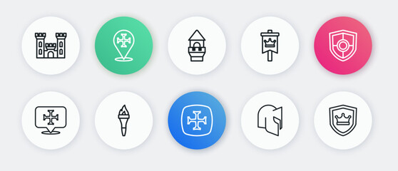 Set line Crusade, Shield, Medieval helmet, flag, Castle tower, with crown and Torch flame icon. Vector