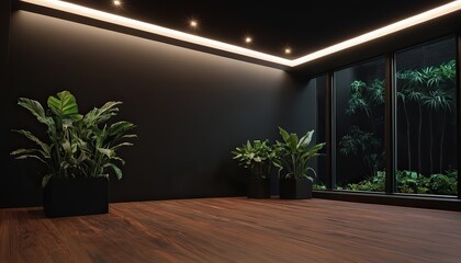 a dark room with plants and a black background