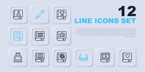 Set line Book about cinema, Romance book, Books programming, Glasses, User manual, Pencil with eraser and physics icon. Vector