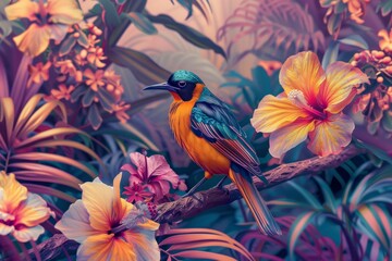 Tropical Bird Perched Among Exotic Hibiscus and Orchid Flowers - Vibrant Nature Scene for Posters