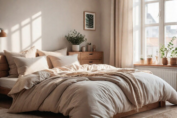 A Scandinavian-style bedroom with light beige tones, wooden accents, a cozy beige duvet, and natural light through windows.