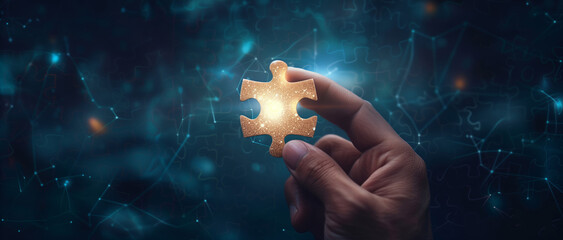 hand holding jigsaw puzzle piece on digital blue background, solution finding and success, teamwork and collaboration concept, ideas in business