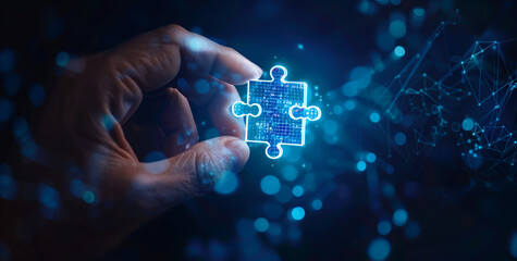 hand holding jigsaw puzzle piece on digital blue background, solution finding and success, teamwork and collaboration concept, ideas in business
