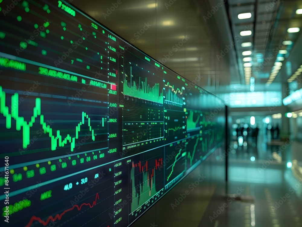 Poster dynamic financial data visualization on digital display in modern technology environment