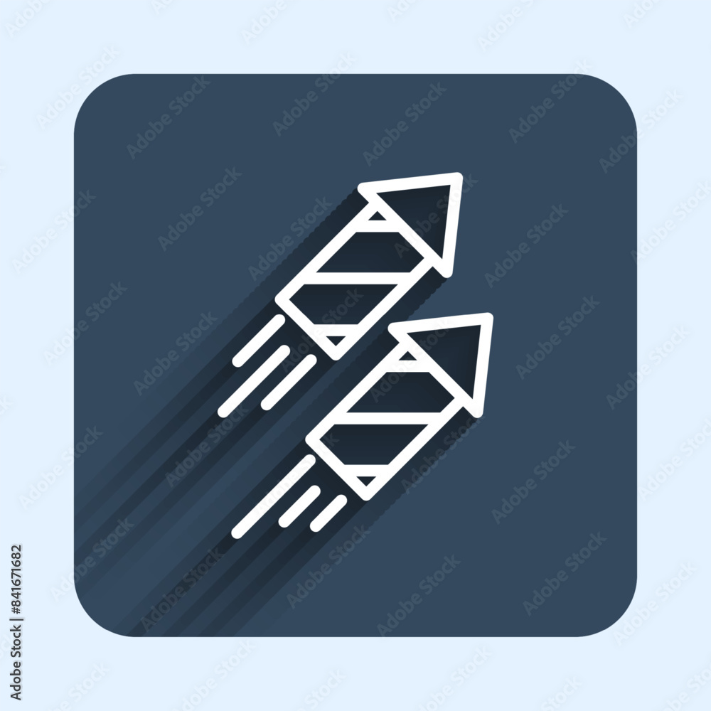 Poster white line firework rocket icon isolated with long shadow background. concept of fun party. explosiv