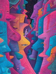 Obraz premium Captivating Chromatic Kaleidoscope of Geometric Shapes and Dynamic Patterns in a Vibrant Surreal Digital Artwork