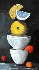Striking Geometric Citrus Still Life with Vibrant Shapes and Contrasting Colors
