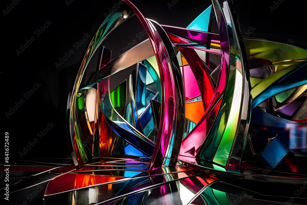 Poster abstract composition with geometric intersecting curved shapes in vibrant colors. generative ai