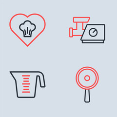 Set line Kitchen meat grinder, Measuring cup, Frying pan and Chef hat icon. Vector