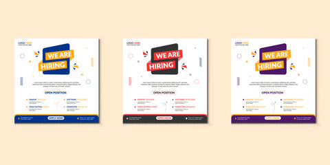 Fototapeta premium We are hiring job vacancy social media post banner design template with red color. We are hiring job vacancy square web banner design.