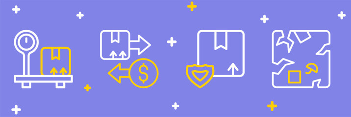 Set line Broken cardboard box, Delivery security with shield, Tax and Scale icon. Vector