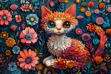 Cute Cat or Kitten Colorful Illustration. Intricate Details, Children's Book Illustration Style. Created with Generative AI