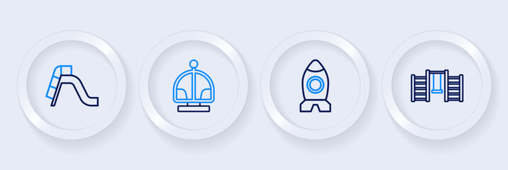 Set line Swedish wall, Rocket ship toy, Attraction carousel and Slide playground icon. Vector