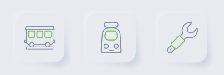 Set line Wrench spanner, Train and railway and Passenger train cars icon. Vector