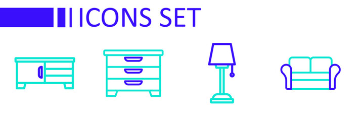 Set line Sofa, Floor lamp, Chest drawers and TV table stand icon. Vector