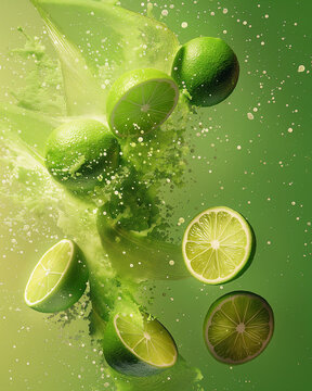 Fresh limes water explosion in a light green background