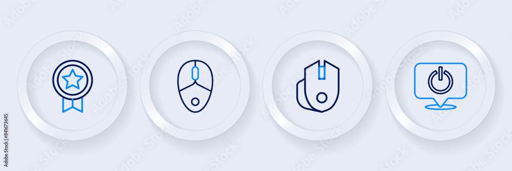 Poster set line power button, computer mouse, and game rating with medal icon. vector