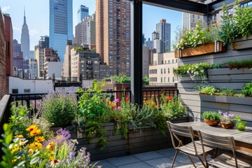 Fototapeta premium Urban Rooftop Garden Oasis with Vertical Planters and Cityscape Background for Relaxation