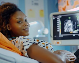 A pregnant woman lies on an examination table, her hand resting gently on her belly, while looking over her shoulder with a warm smile as an ultrasound image is displayed on a screen behind her.