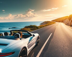 A pregnant woman drives a white convertible along a scenic coastal road with the sun setting in the distance.