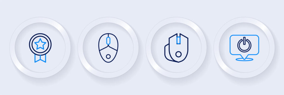 Set line Power button, Computer mouse, and Game rating with medal icon. Vector