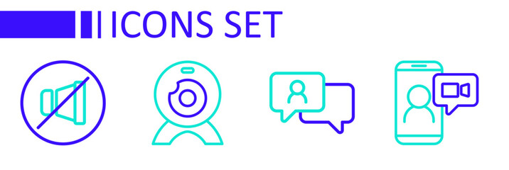 Set line Video chat conference, Speech bubble, Web camera and Mute microphone icon. Vector