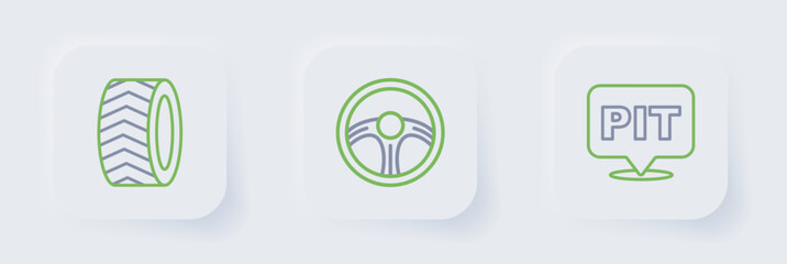 Set line Pit stop, Racing steering wheel and Car tire icon. Vector