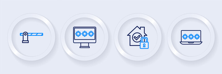 Set line Laptop with password, House under protection, Monitor and Parking car barrier icon. Vector